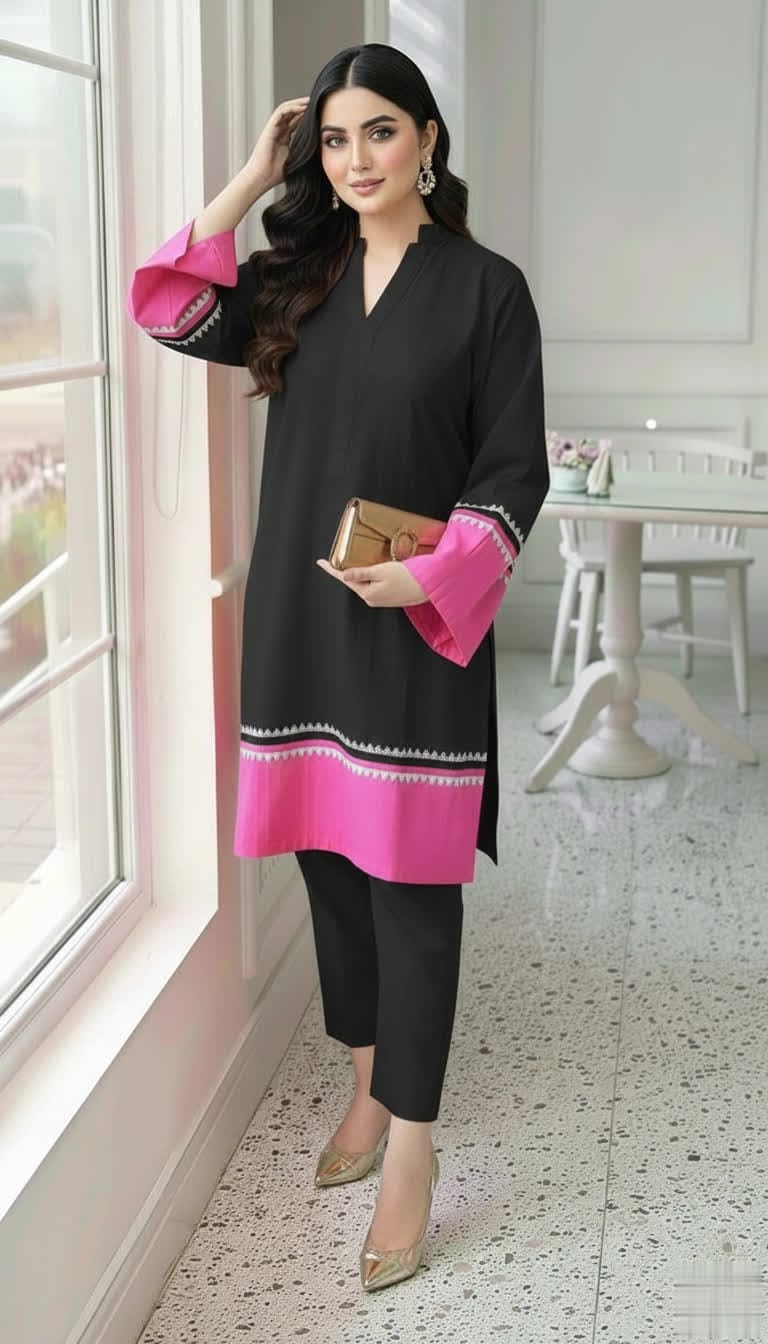 NISWA STYLE Elegant Cotton Contrast Suit – Two - Tone Long Shirt With Matching Trouser, Trendy Contrast Hem Shirt And Trouser.