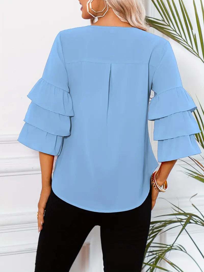 Women’s Fashion Three-Layer Sleeve Top – Elegant Round Neck Blouse, Lightweight, Flowy & Stylish Casual To Semi-Formal Wear Season