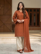 Elegant Rust Brown Chikankari Stitched Suit With Dupatta.