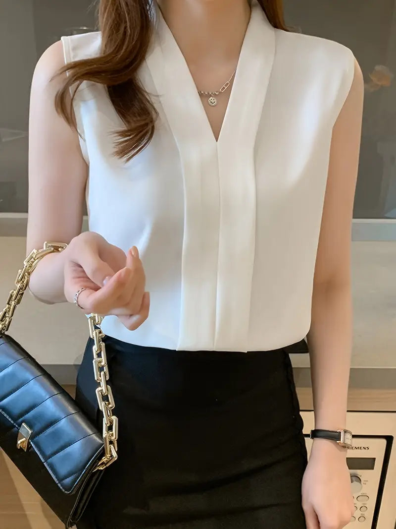 Elegant White V-Neck Chiffon Blouse For Women – Sleeveless, Lightweight Summer Top, Casual And Office Wear Shirt