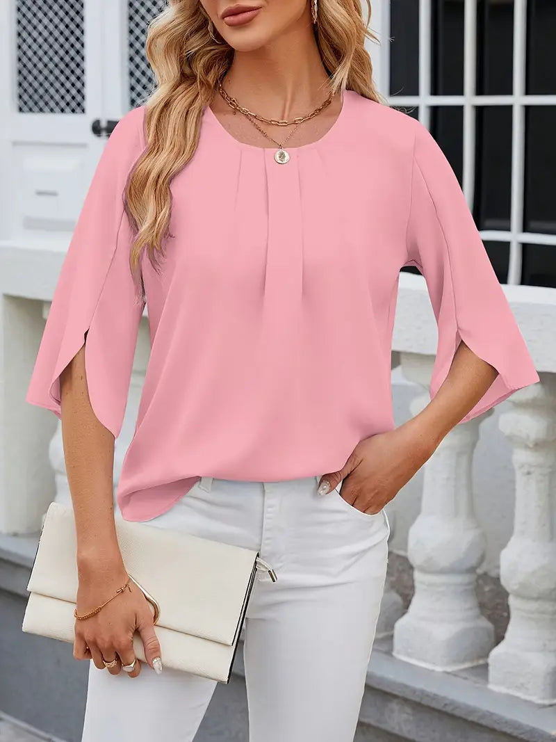 Elegant Puff Sleeve Blouse – Round Neck Button-Front Slit Hem, Short Jacket-Inspired Top For Casual And Office Wear