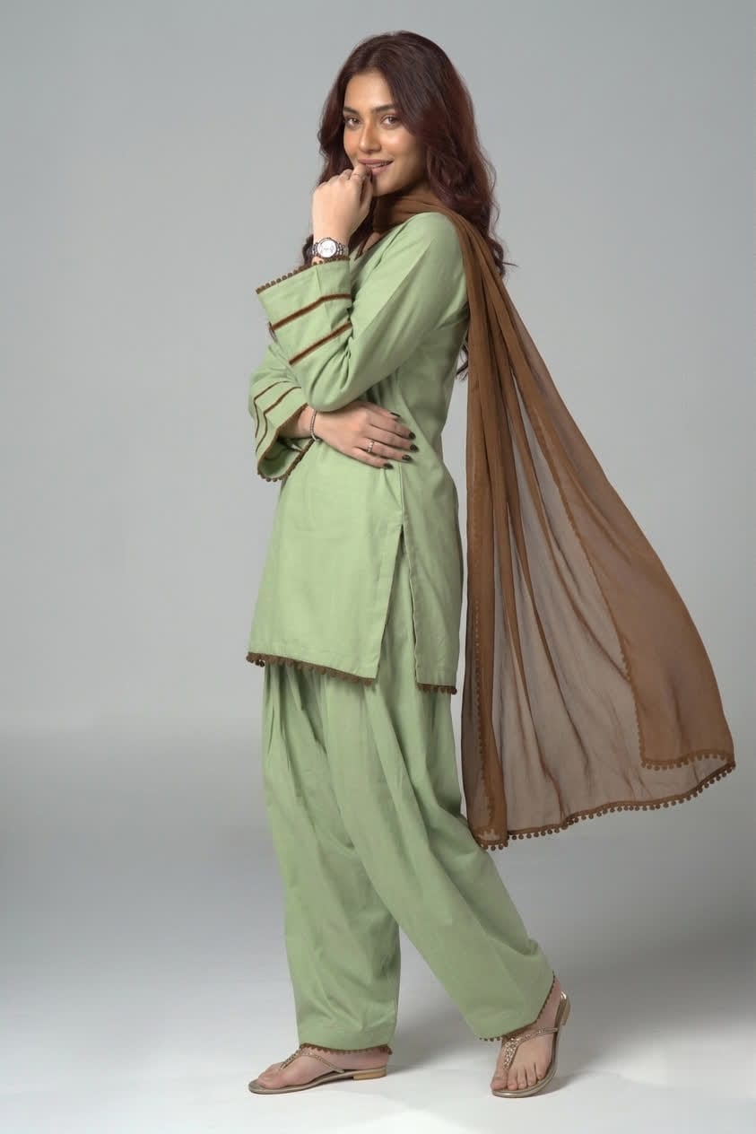 Mint Green Cotton Shalwar Kameez With Playful Lace Detailing
