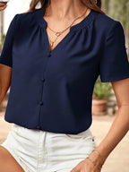 Women’s Faux Button Blouse, Elegant V-Neck Top, Lightweight Smooth Texture Fabric