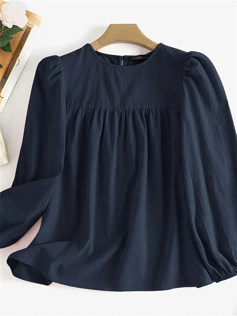 Elegant Crew Neck Top with Ruched Detail | Loose-Fit, Stylish Long Sleeve Casual Commute Blouse | Everyday Fashion Top