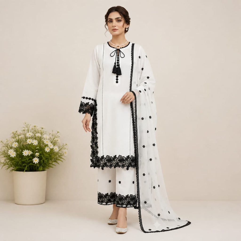 Timeless Monochrome White Straight Kurta With Black Floral Cutwork