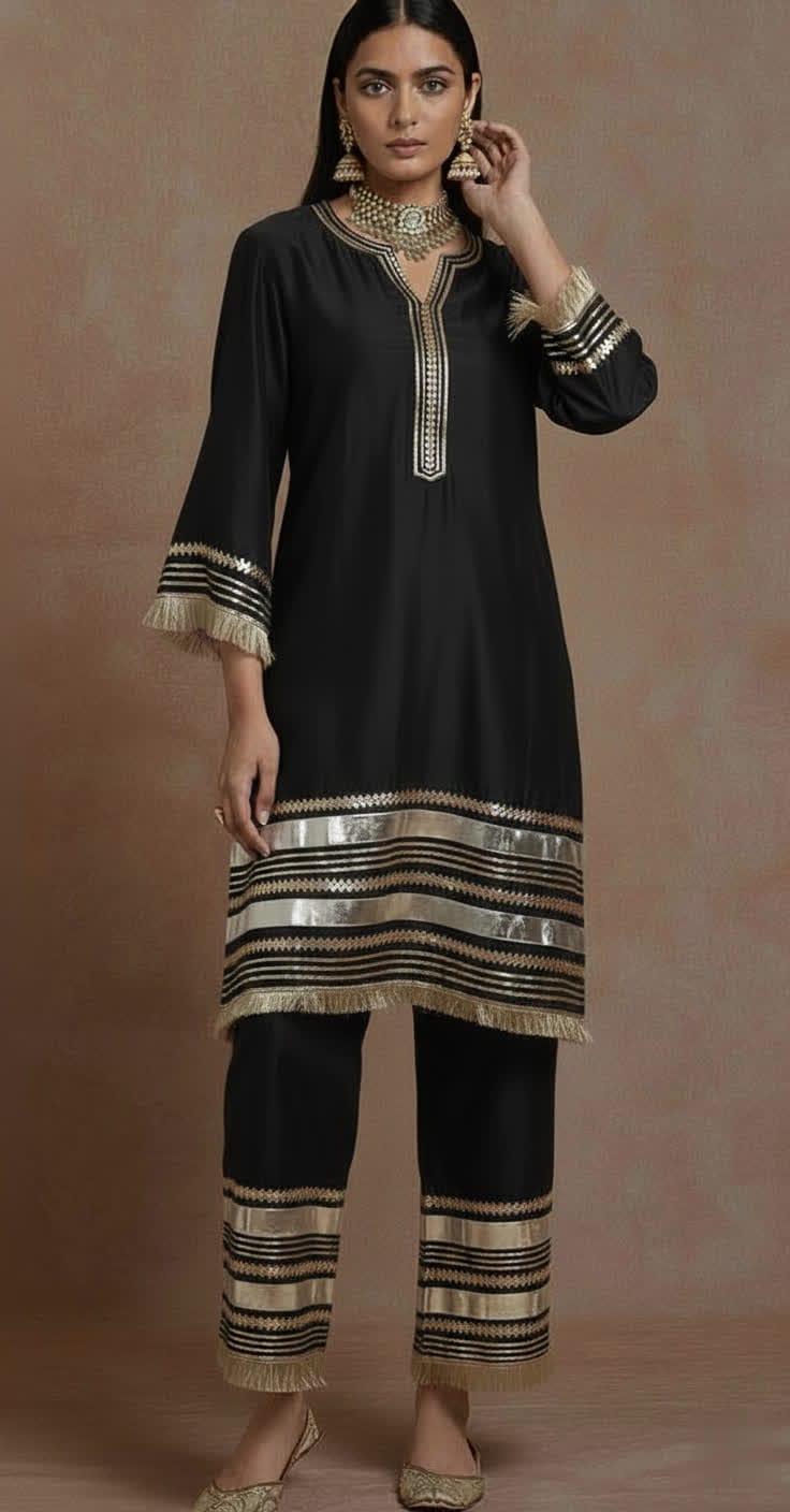 Elegant Red Chanderi Kurta – Traditional Straight-Cut Suit With Gold Gota Work, Lace Border, Flared Sleeves & Lined Finish