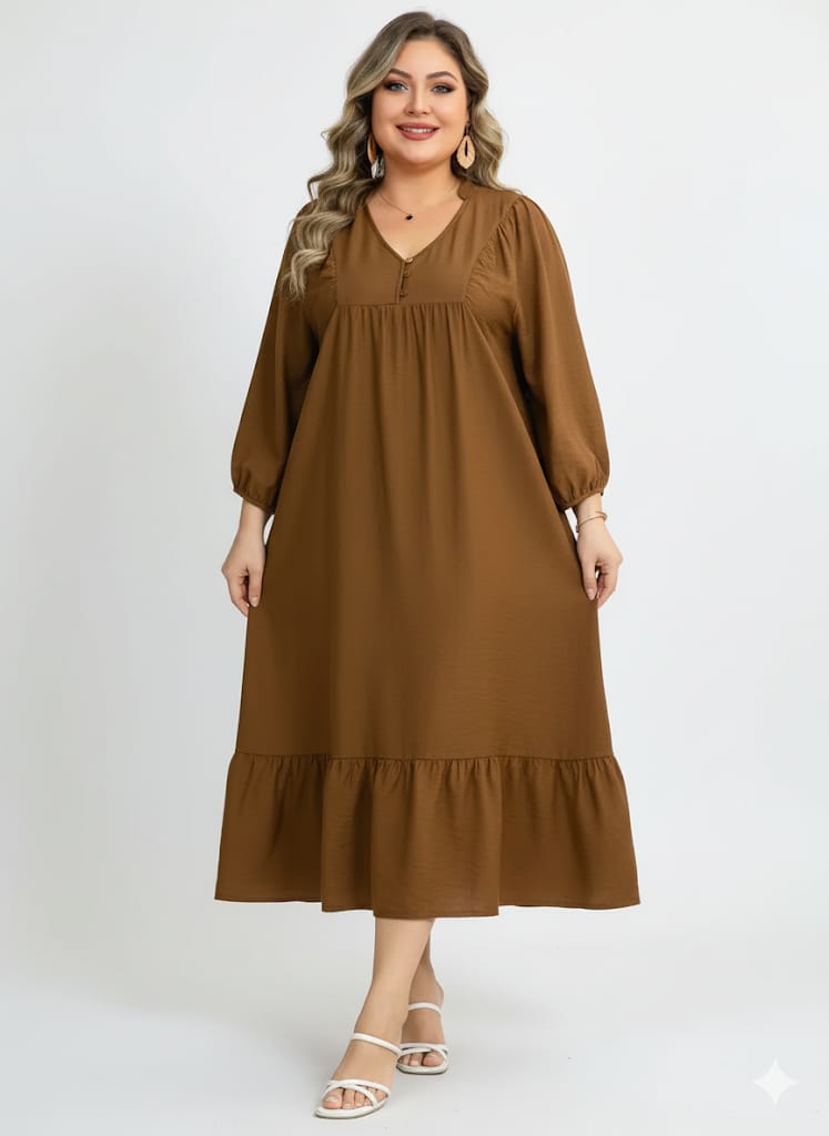 Elegant V-Neck Midi Dress – Lantern Sleeve Flowy Brown Dress | Loose Fit Button Detail Casual Outfit |  Lightweight and Stylish Midi Dress