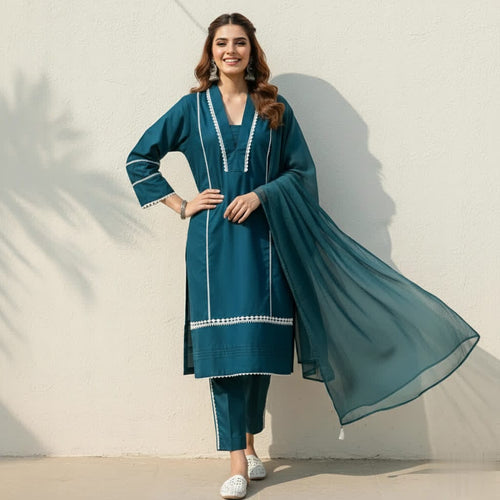 Classic Solid Cotton Ethnic 3-Piece Suit With Lace Embellishment