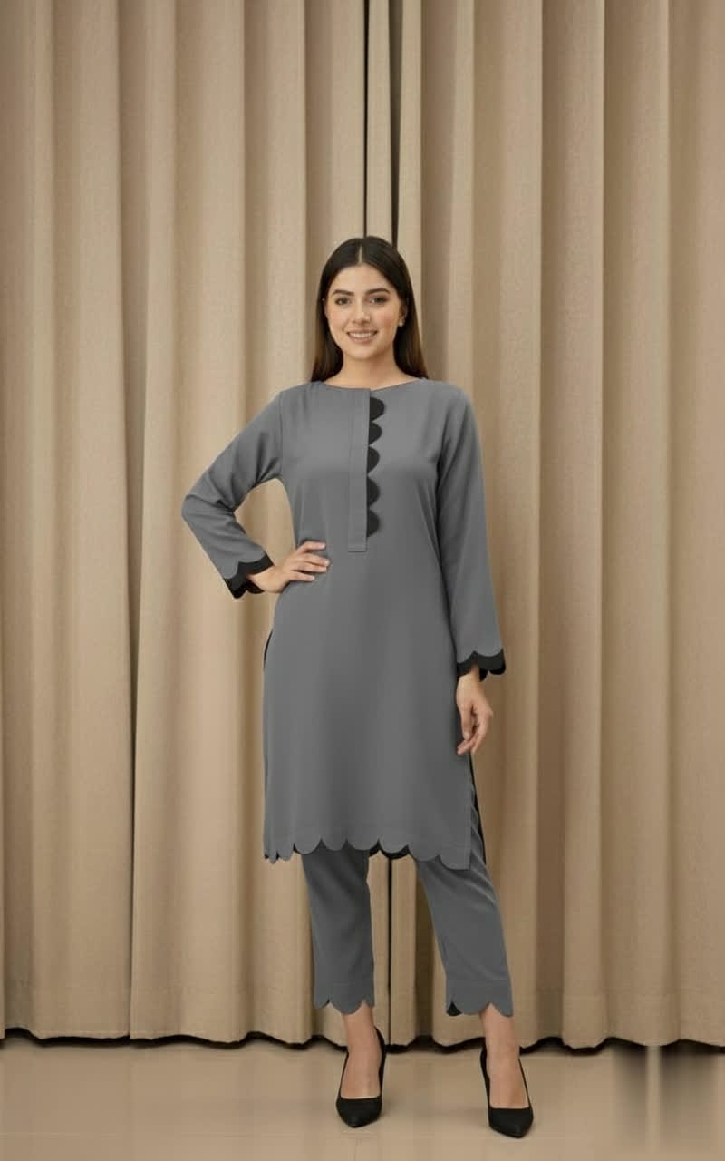 Elegant Cotton 2-Piece Suit – Crew-Neck Chori Piping Shirt With Cutwork Sleeves & Reet Design Trouser | Latest Stylish Women’s Outfit.