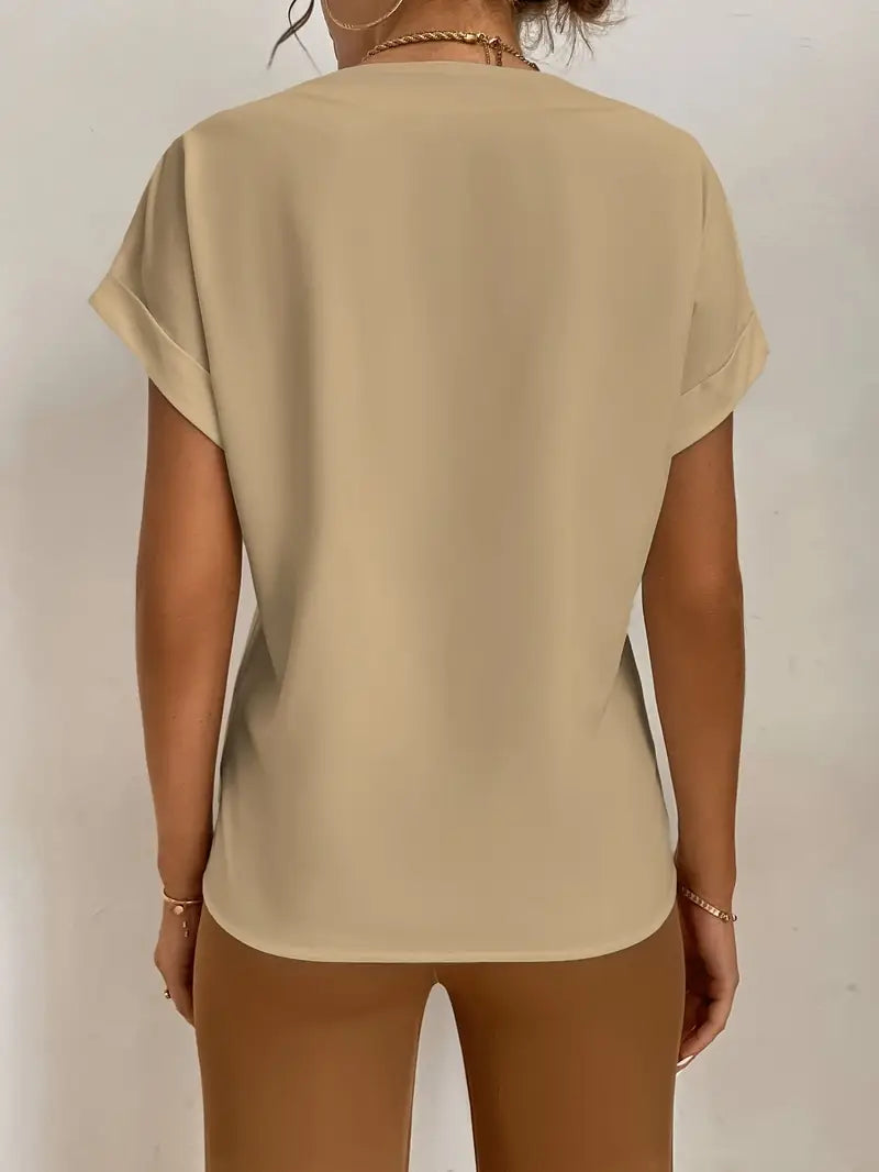 Casual V-Neck Short Sleeve Blouse, Lightweight Pullover Top, Stylish Shirt For Office And Casual Wear