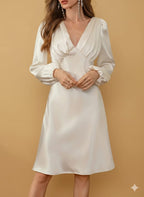 Elegant White Poinsettia Sleeve Slim-Fit Dress – Long Sleeve A-Line Mid-Length Dress With Back Zipper | Winter Formal Coat-Inspired Outfit