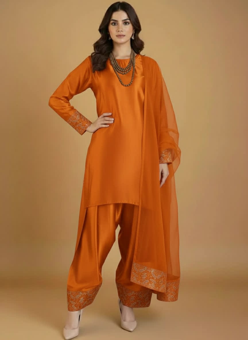 Elegant Three Piece Farshi Shalwar Suit For Women –  Latest Design Eastern Formal Wear