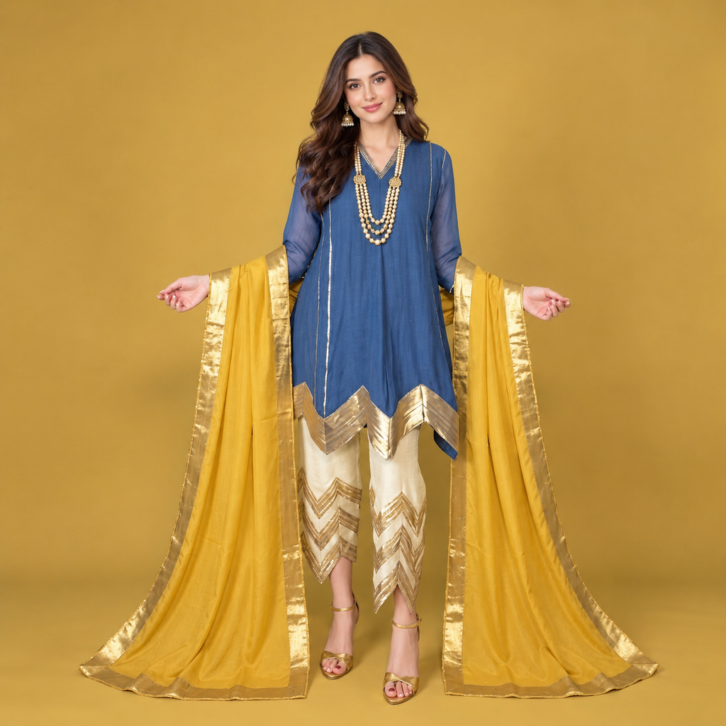 Niswa Style Cotton Silk Blue Kurta Set With Yellow Gota Dupatta