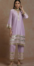 Elegant Red Chanderi Kurta – Traditional Straight-Cut Suit With Gold Gota Work, Lace Border, Flared Sleeves & Lined Finish