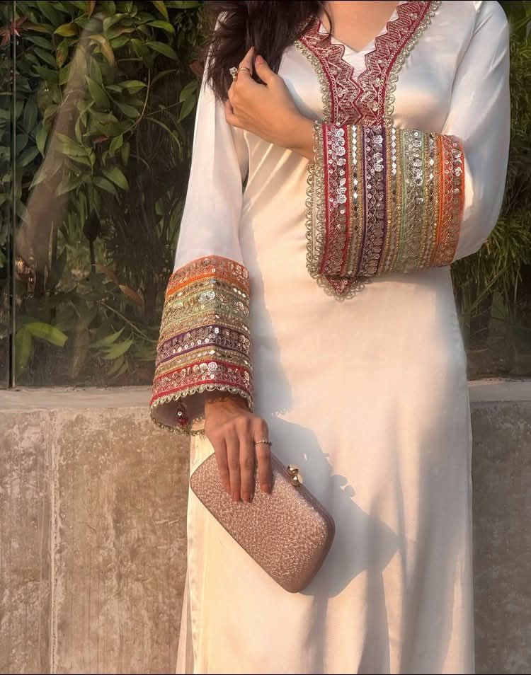 Classic Ivory Party Wear Three Piece Suit With Multicolor Sleeve Embellishments.