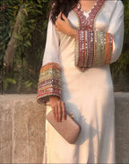 Classic Ivory Party Wear Three Piece Suit With Multicolor Sleeve Embellishments.