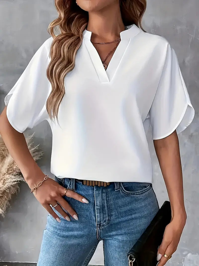 Mid-Sleeve Stand-Up Collar Top, Elegant Casual And Formal Wear, Sophisticated Flowing Silhouette