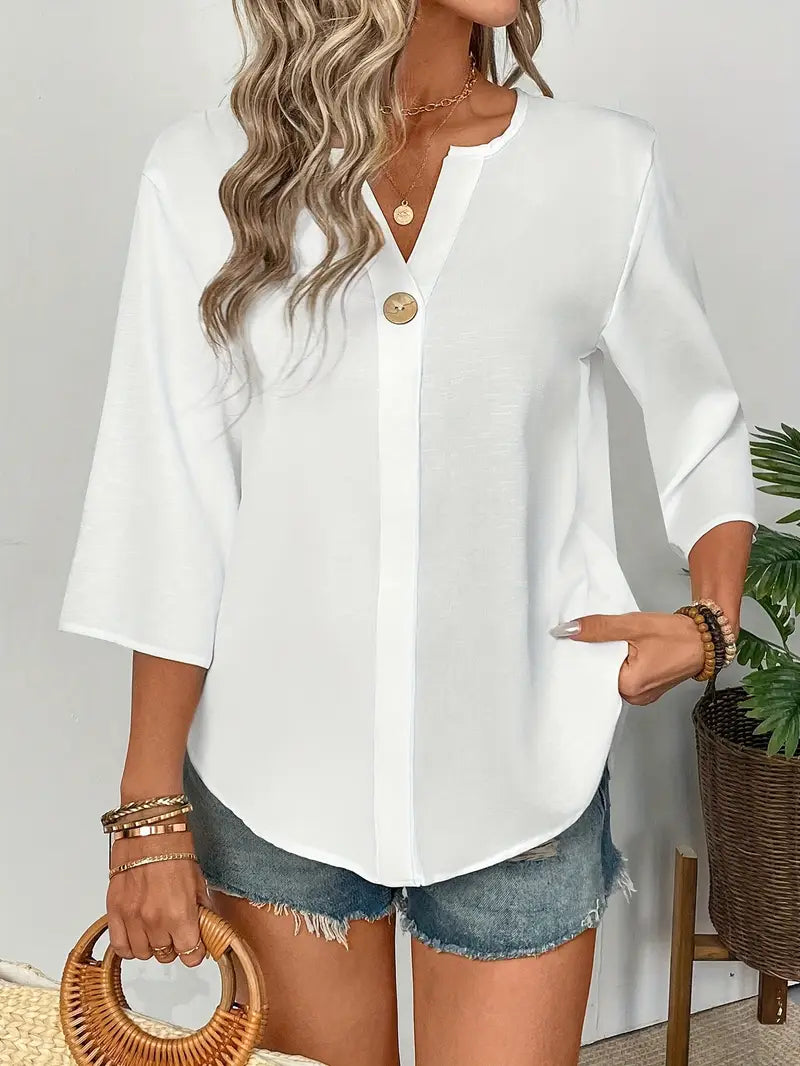 NISWA STYLE Elegant V-Neck Long Sleeve Blouse, Loose Fit Solid Color Button-Up Shirt With Faux Buttons, Lightweight Top For Casuall And Formal Wear
