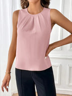 Ruffled Women’s Sleeveless Blouse, Elegant Crew Neck Top For Casual Outfits And Semi-Formal Occasions