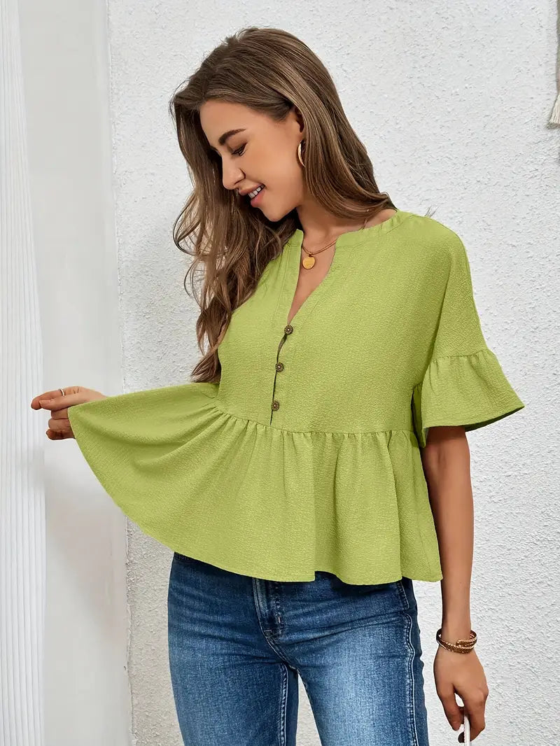 Elegant V-Neck Ruffle Sleeve Blouse – Solid Green Lightweight Top Chic Button Detail Shirt, Non-Transparent Casual Wear