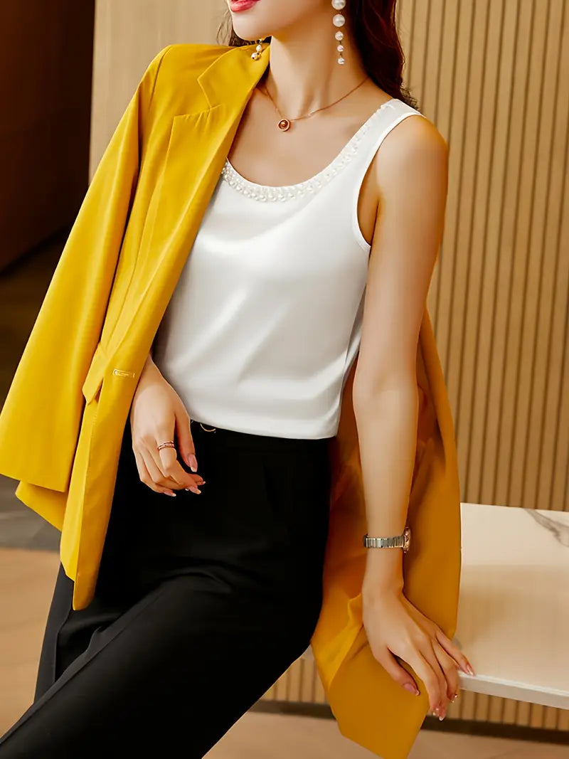 Stylish Sleeveless Blazer Jacket – Slim-Fit Color-Block Lapel Collar, Semi-Sheer Loose Fit For Office And Casual wear