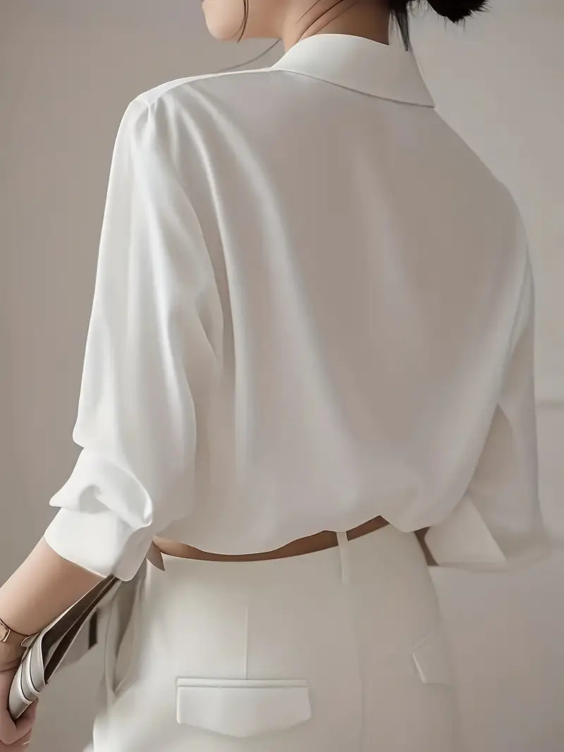Elegant Long Sleeve Blouse, Classic Solid Color Button-Up Shirt With Lapel Collar, Office And Casual Wear