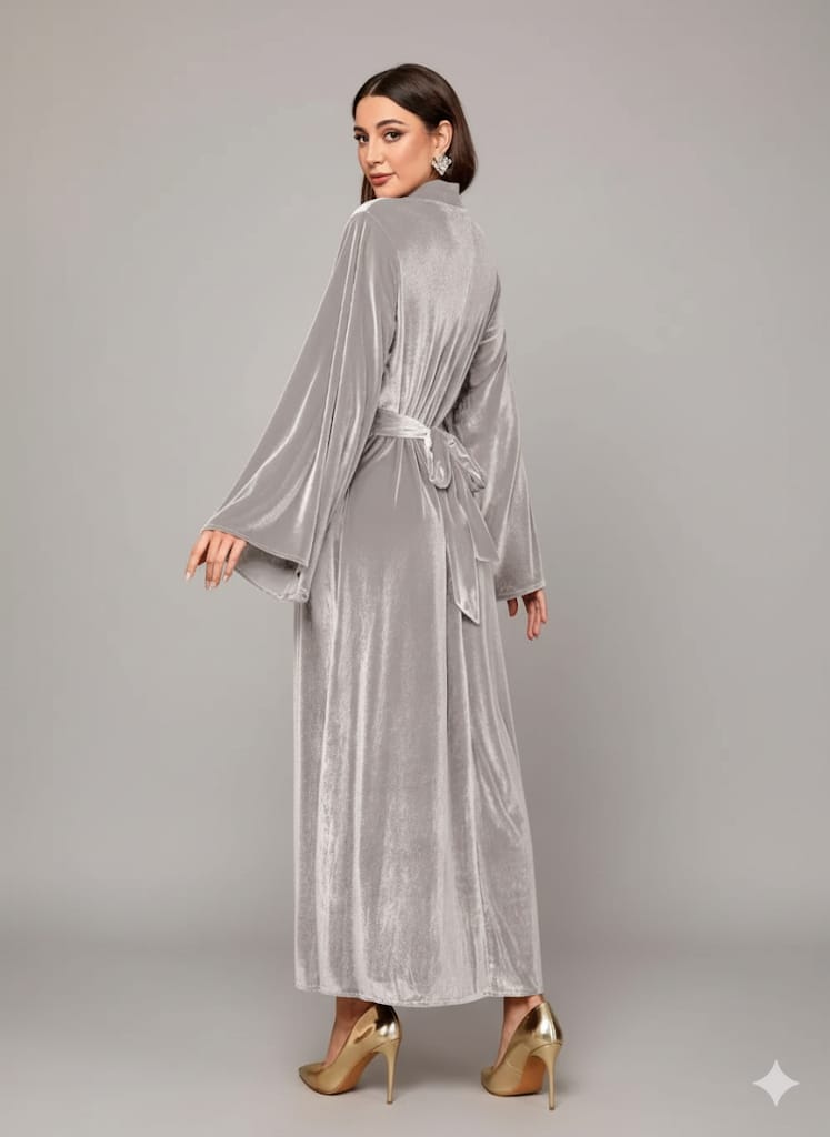 Elegant Full-Length Velvet Maxi Dress For Women, Long Sleeve Gown With Belt, Zipper Back And Tie Detail  Formal Evening Dress