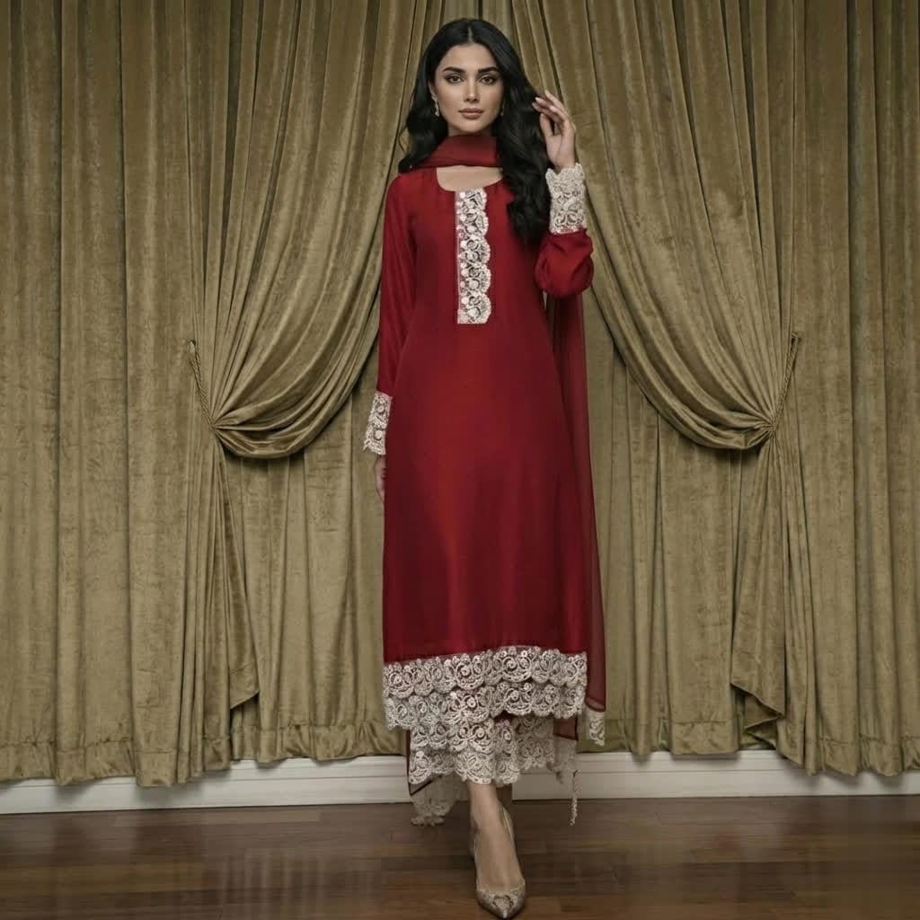 Premium Red Raw Silk Formal Wear Set - Handcrafted Pearl Lace Shirt - Elegant Drapes Organza Dupatta