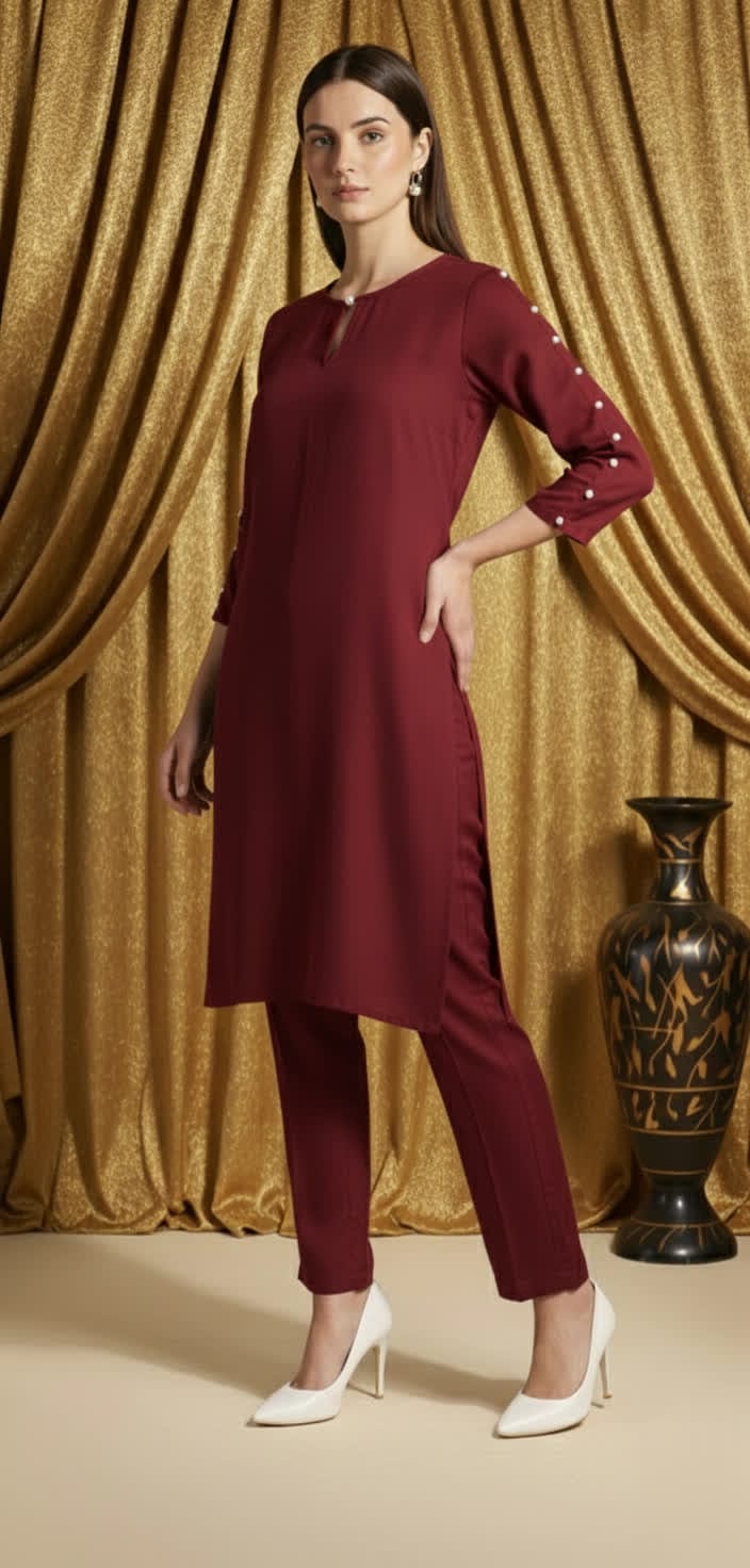 Sophisticated Pearl Detail Co-ord Set For Women, Elegant Shirt Pearl Work Top With Tailored Straight Pants.