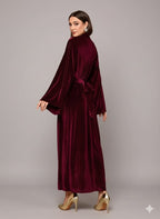 Elegant Full-Length Velvet Maxi Dress For Women, Long Sleeve Gown With Belt, Zipper Back And Tie Detail  Formal Evening Dress