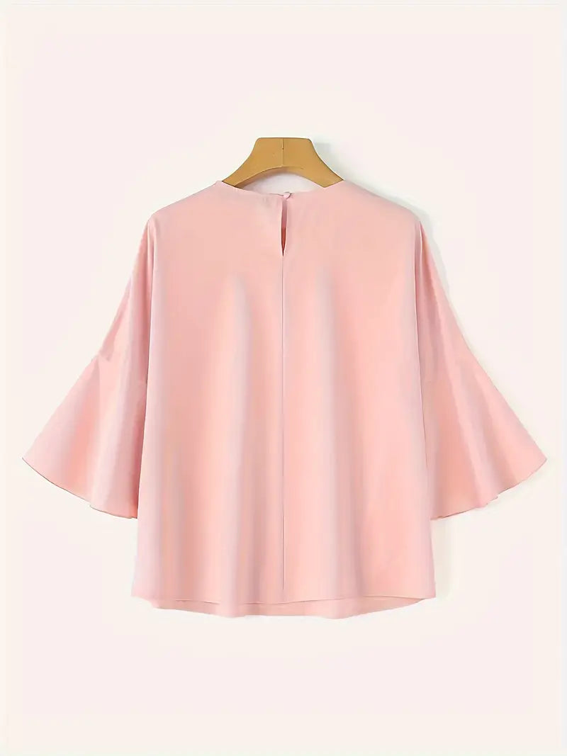 Elegant Ruffle Sleeve Lace Blouse, Crew Neck Top With Pearl Accents, Non-Stretch Stylish All-Season Fashion Shirt
