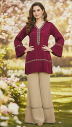 Sophisticated Crimson Lace Short Kurti With Off-White Bell Bottom Pants – Elegant Contrast Co-Ord Set