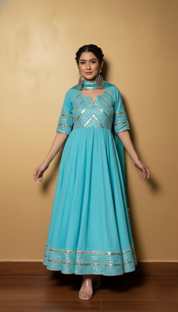 Premium Black Gota Patti Anarkali Pant Set For Women – Silk Long Anarkali With Different Shade Chiffon Dupatta & Embellished Pants.