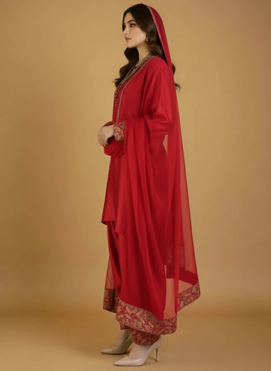 Elegant Three Piece Farshi Shalwar Suit For Women –  Latest Design Eastern Formal Wear