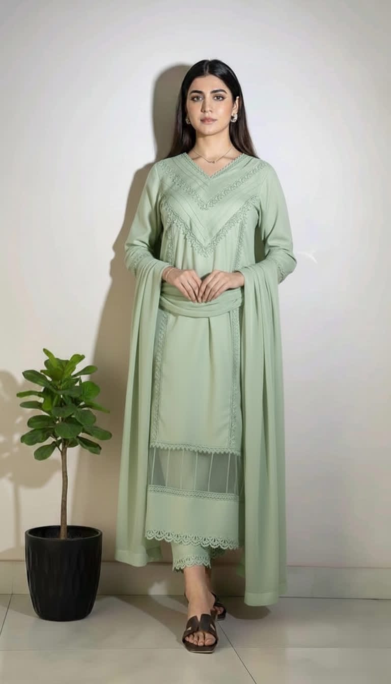 Cotton Lace Kurta Set For Women – 3 Piece Ethnic Suit With Chiffon Dupatta. |