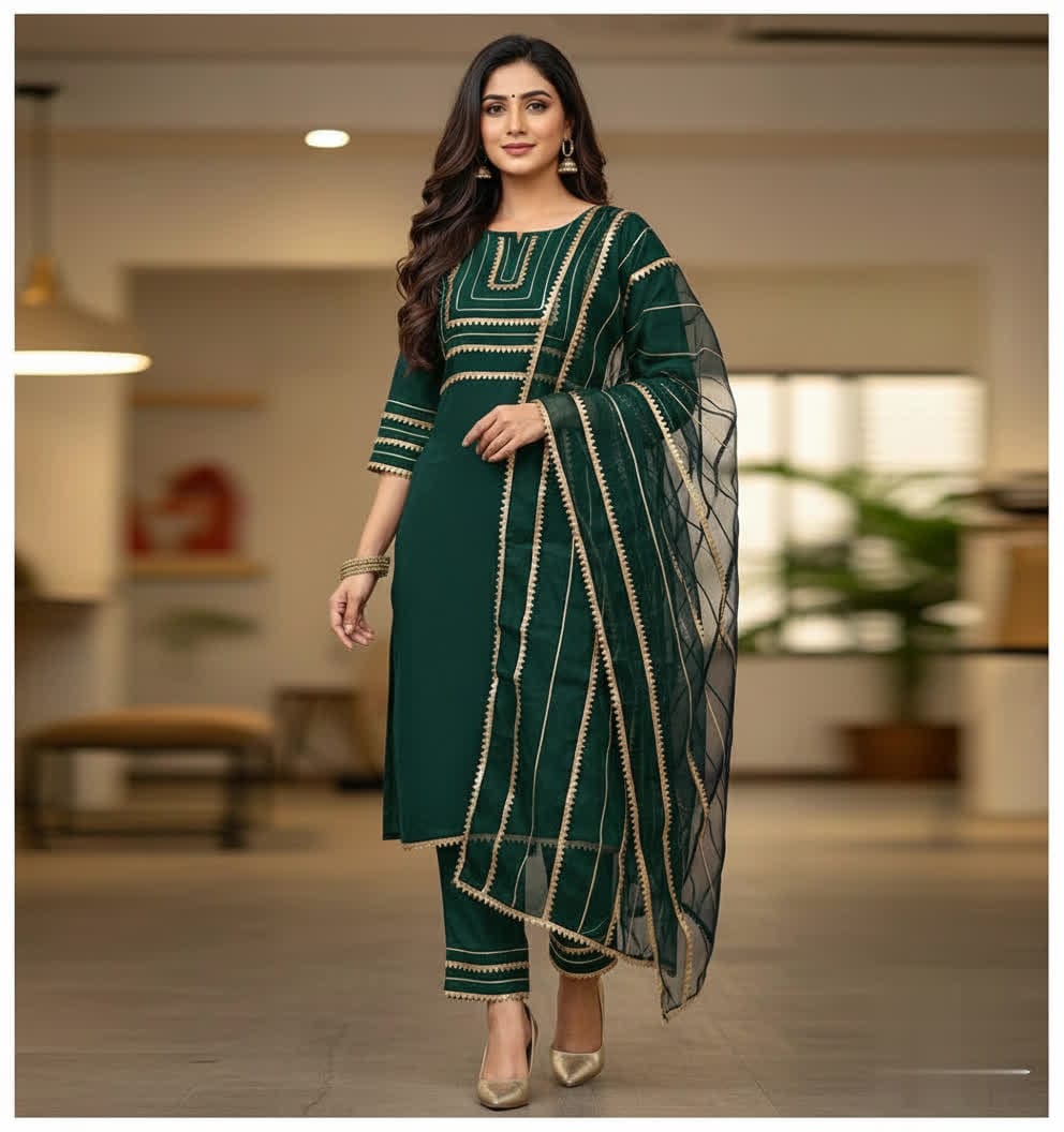 Asymmetrical Gota Patti Kurta Set – Light Gold Embroidered Bodice, Flounce Sleeves, Gold Trim Salwar Kameez With Sheer Gota Dupatta.