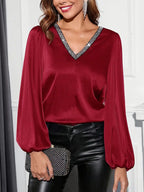 Women's Shiny Sequin V-Neck Puff Sleeve Blouse – Elegant Long Sleeve Deep Burgundy Sparkling Casual Glam Looks