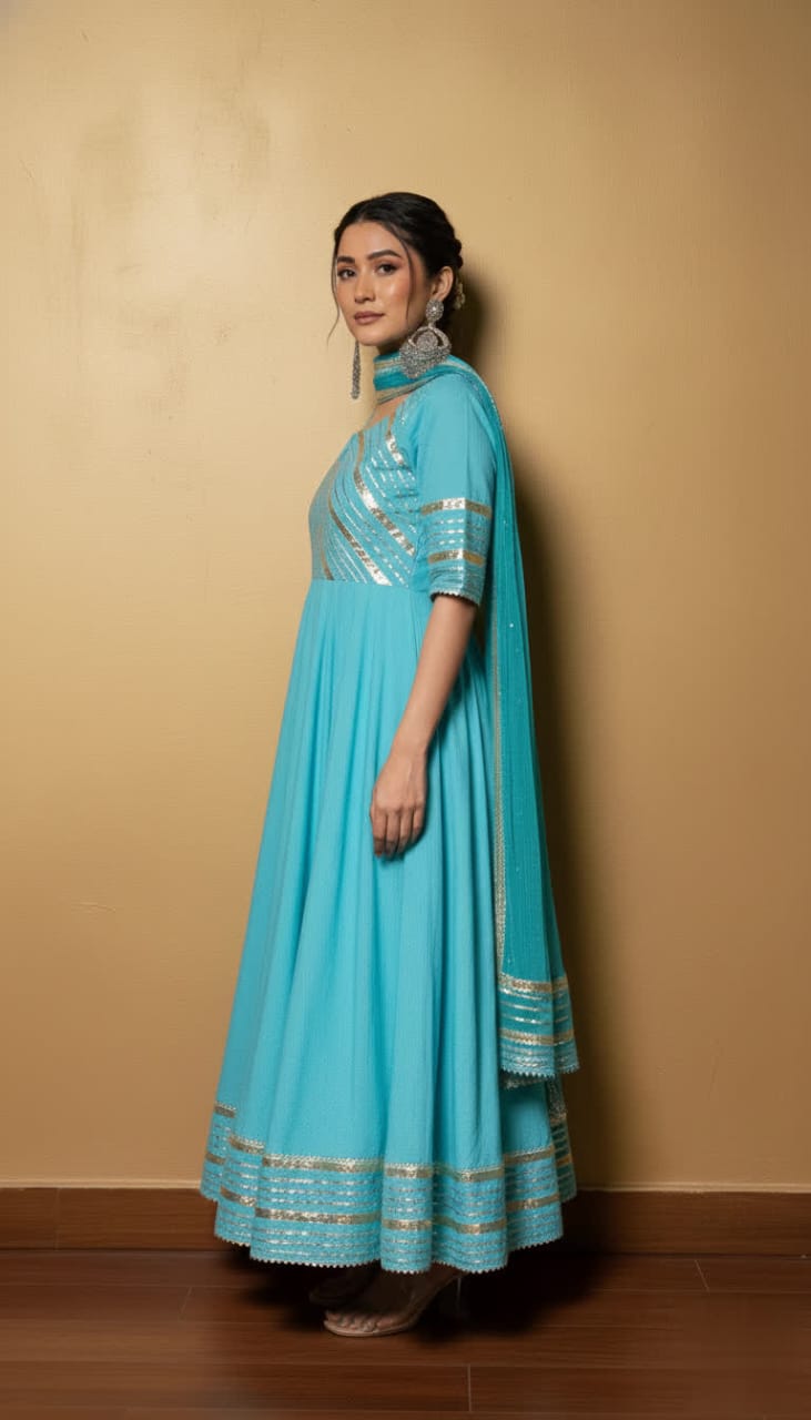 Premium Black Gota Patti Anarkali Pant Set For Women – Silk Long Anarkali With Different Shade Chiffon Dupatta & Embellished Pants.