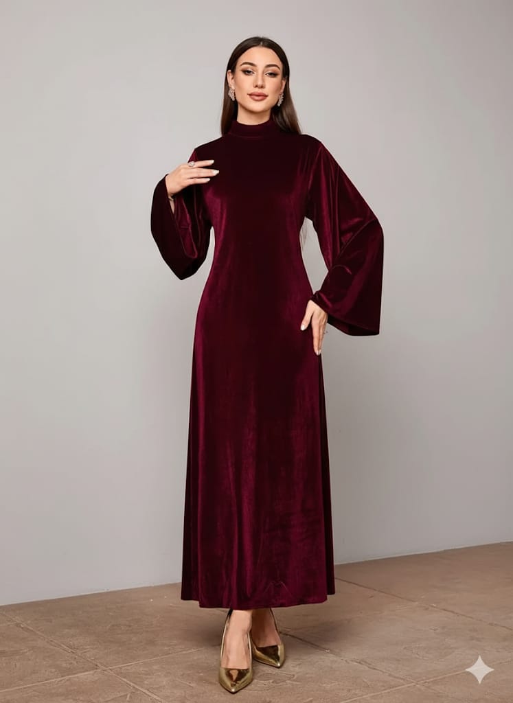 Elegant Full-Length Velvet Maxi Dress For Women, Long Sleeve Gown With Belt, Zipper Back And Tie Detail  Formal Evening Dress