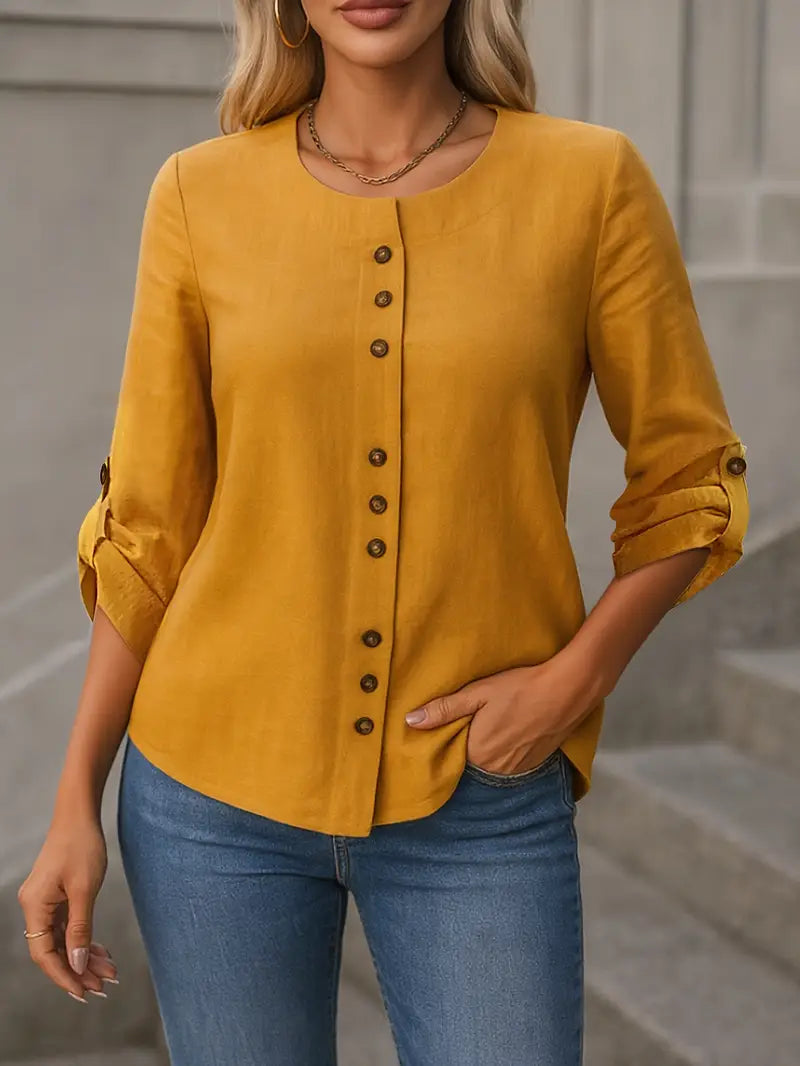 Fashionable Button-Up Shirt, Adjustable 3/4 Sleeve Button Professional And Casual Attire With Refined Design