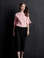 Elegant Ruffle Sleeve Lace Blouse, Crew Neck Top With Pearl Accents, Non-Stretch Stylish All-Season Fashion Shirt