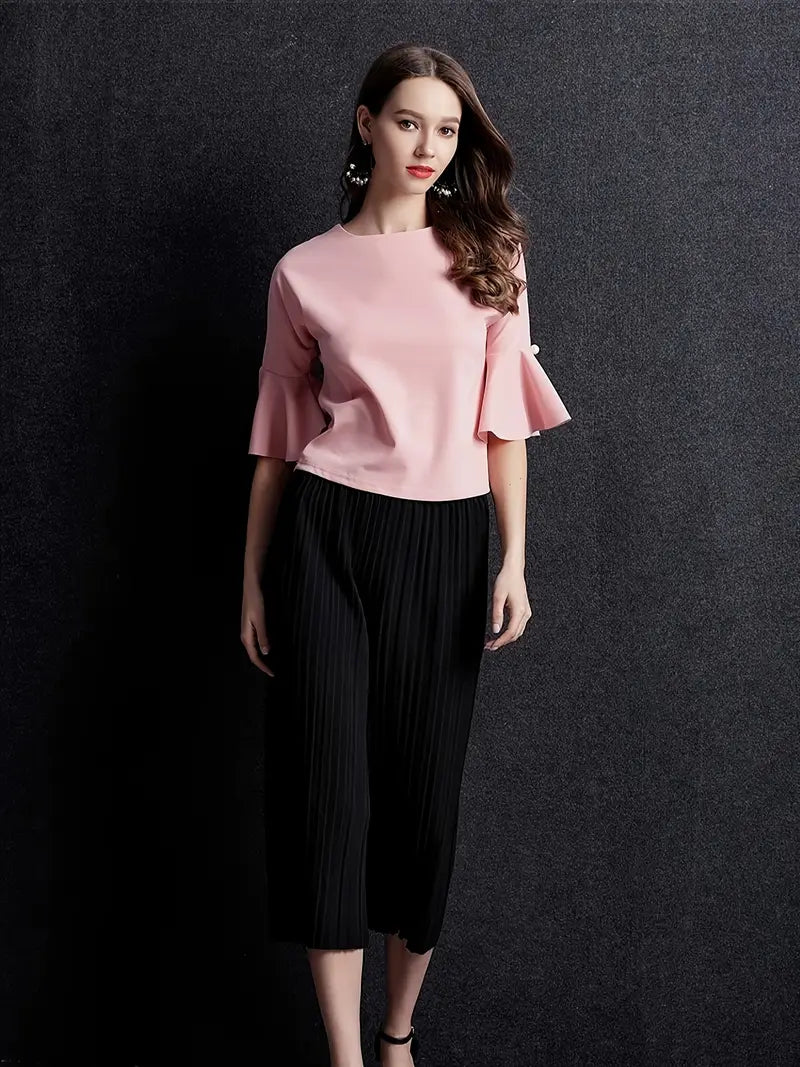 Elegant Ruffle Sleeve Lace Blouse, Crew Neck Top With Pearl Accents, Non-Stretch Stylish All-Season Fashion Shirt