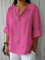 Classy Loose-Fit Blouse, Round Neck Short Sleeve Top With Decorative Button Details, Relaxed Fit, Everyday & Leisure Outfits