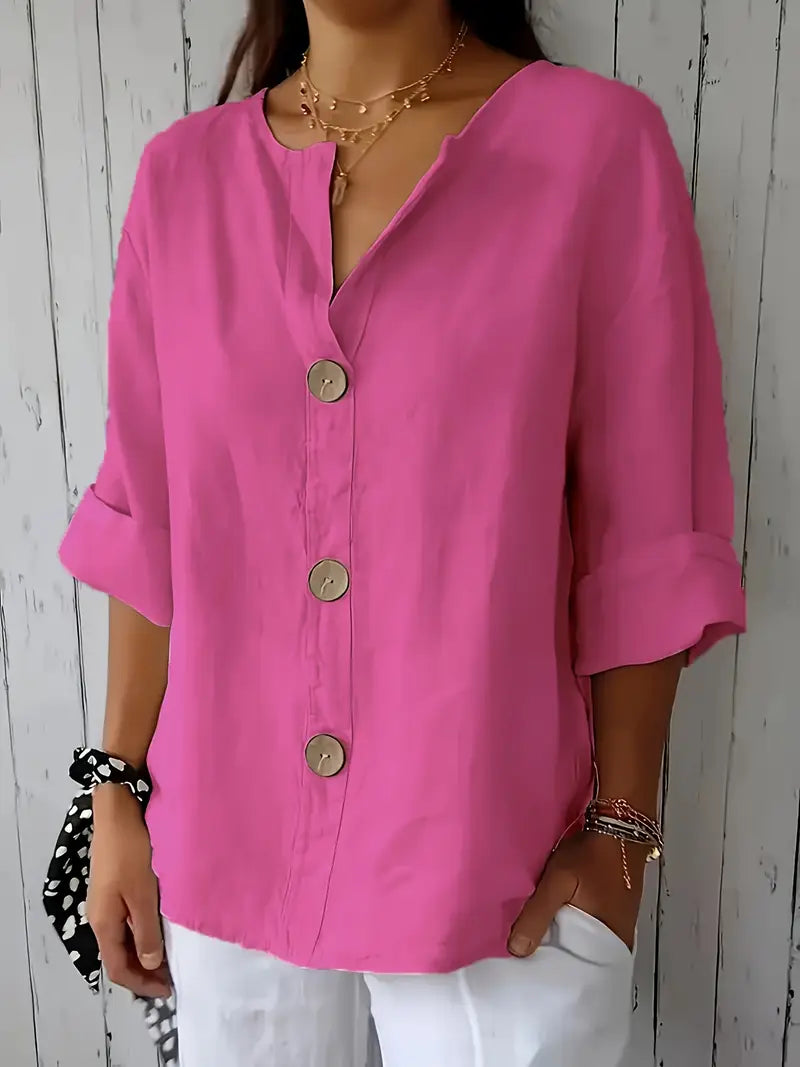 Classy Loose-Fit Blouse, Round Neck Short Sleeve Top With Decorative Button Details, Relaxed Fit, Everyday & Leisure Outfits