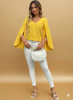 Elegant V-Neck Blouse, Vibrant Yellow Long Sleeve Top, Lightweight, Shirt For Casual & Formal Fashion