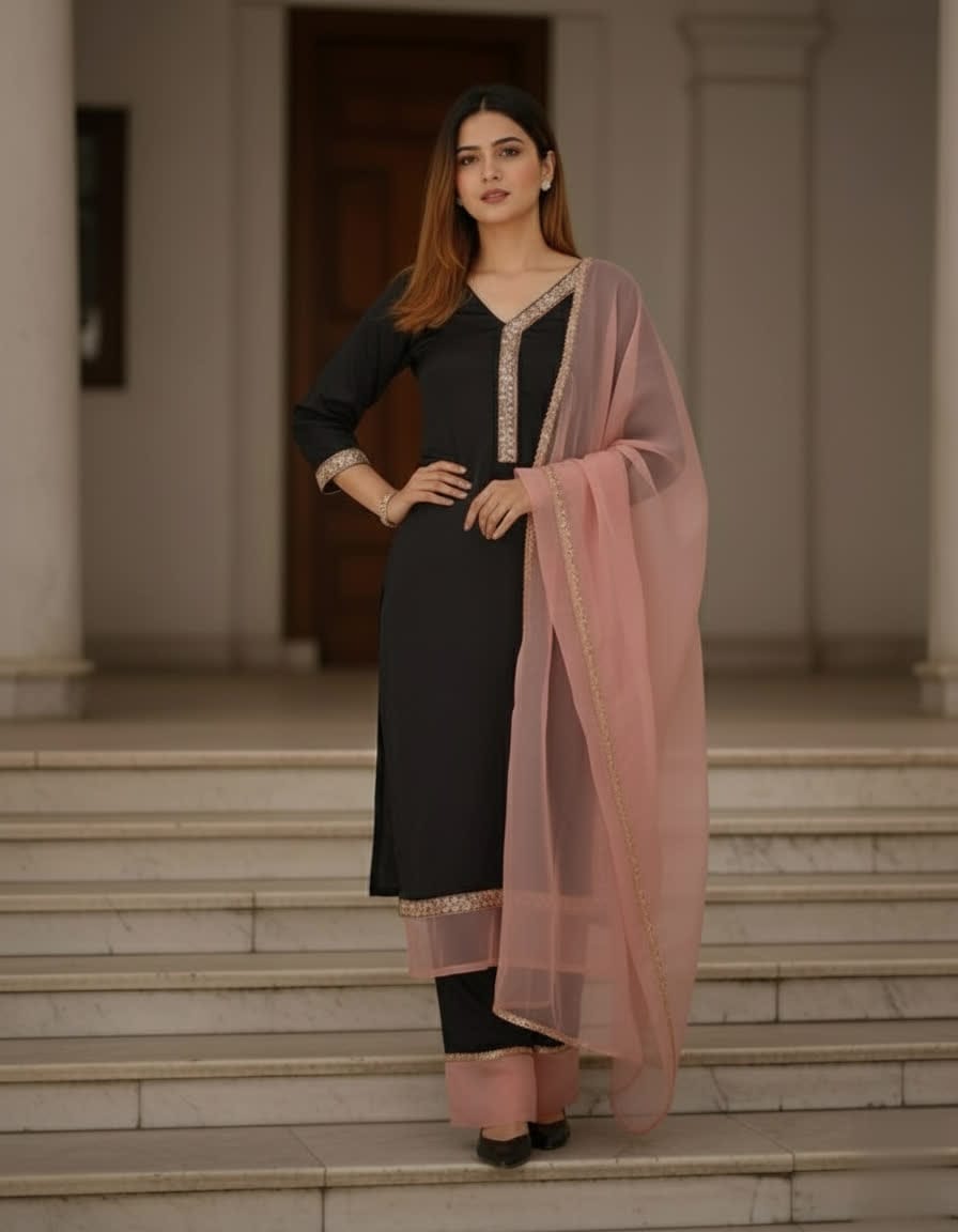 Elegant Black And Pink Kamiz Set For Women – Karchupi Lace Long Shirt, Bunon Pants & Soft Maslin Dupatta.