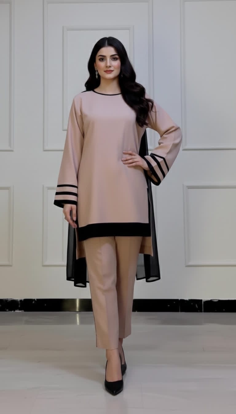 Minimalist Beige Straight Kurta & Trouser Set With Black Stripe Contrast, Premium Rayon Comfort And Elegant Chiffon Dupatta.