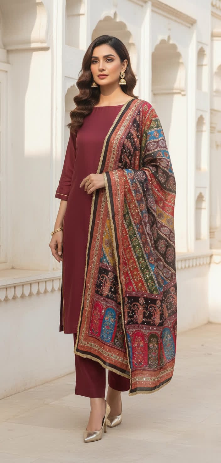Colourful Ethnic Suit Set With Spectacular Embellished Mirrored Dupatta