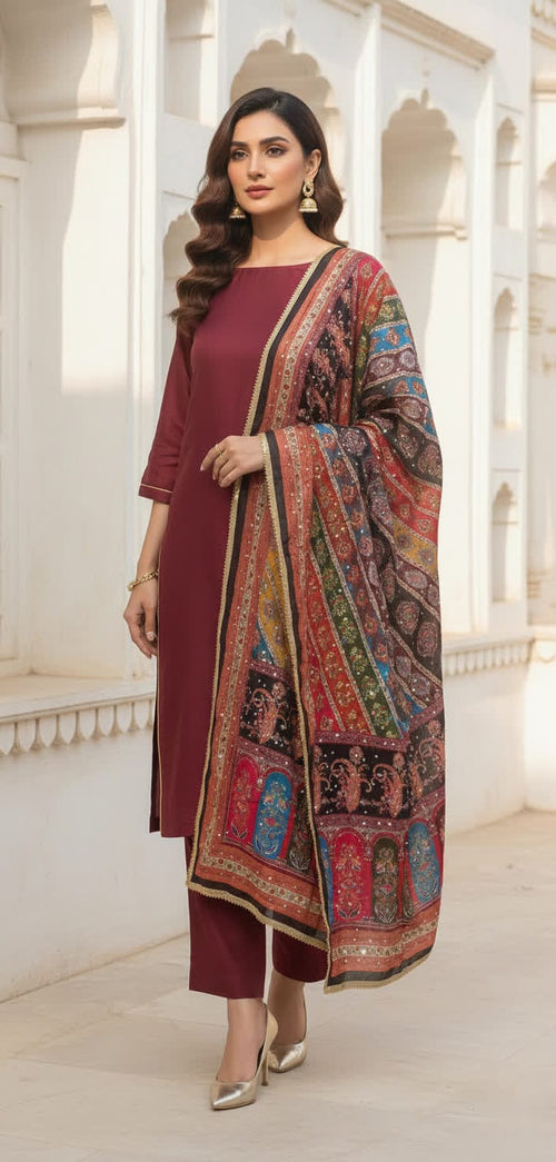Colourful Ethnic Suit Set With Spectacular Embellished Mirrored Dupatta
