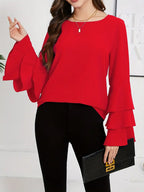 Elegant Layered Flared Sleeve Blouse, Round Neck Long Sleeve Top, Lightweight Structured Fit, Casual & Formal Stylish Shirt